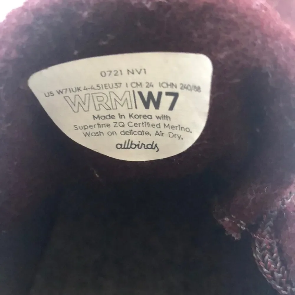 Women’s Allbirds Wool Runner Mizzles in Maroon/ Grey sole Size 7